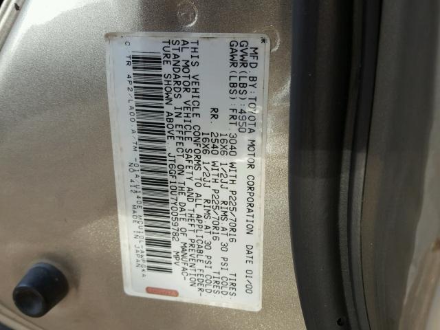 JT6GF10U7Y0059782 - 2000 LEXUS RX 300 TAN photo 10