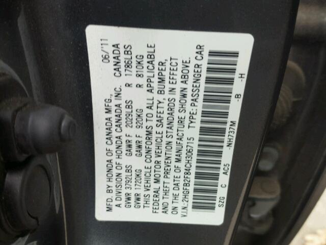 2HGFB2F84CH306715 - 2012 HONDA CIVIC EX GRAY photo 10