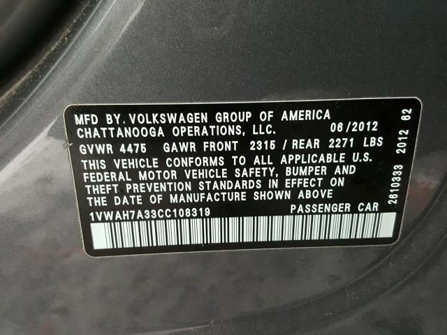 1VWAH7A33CC108319 - 2012 VOLKSWAGEN PASSAT S رمادي صورة 10