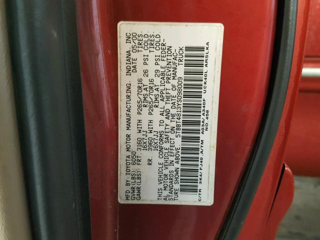 5TBBT4813YS098009 - 2000 TOYOTA TUNDRA ACC RED photo 10