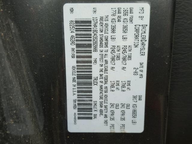 1D7HA18D43S282008 - 2003 DODGE RAM 1500 S GRAY photo 10