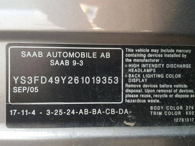 YS3FD49Y261019353 - 2006 SAAB 9-3 BASE SILVER photo 10