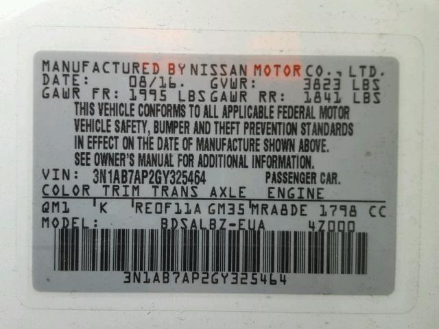 3N1AB7AP2GY325464 - 2016 NISSAN SENTRA S WHITE photo 10