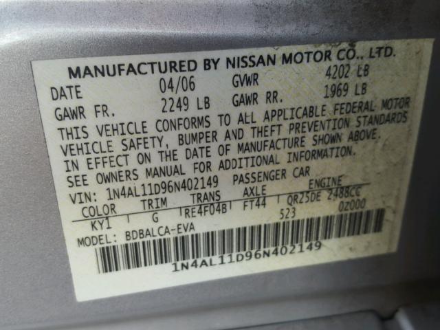 1N4AL11D96N402149 - 2006 NISSAN ALTIMA S SILVER photo 10