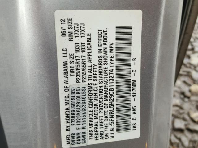 5FNRL5H29CB113274 - 2012 HONDA ODYSSEY LX SILVER photo 10