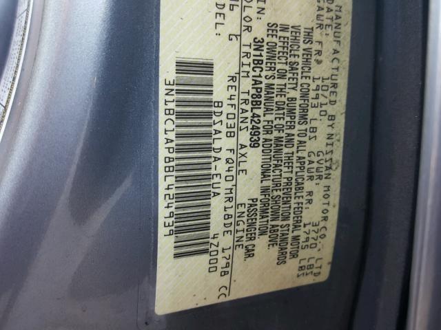 3N1BC1AP8BL424939 - 2011 NISSAN VERSA S GRAY photo 10