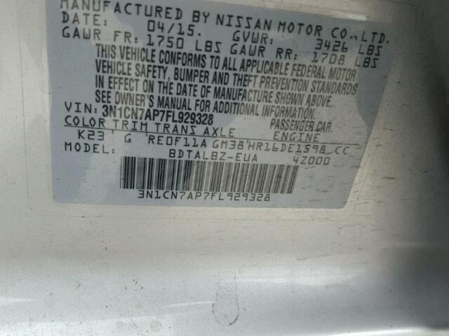 3N1CN7AP7FL929328 - 2015 NISSAN VERSA S SILVER photo 10