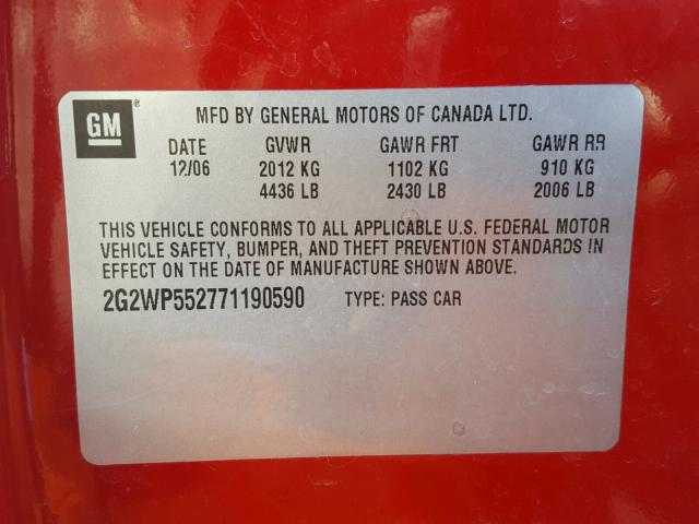 2G2WP552771190590 - 2007 PONTIAC GRAND PRIX RED photo 10