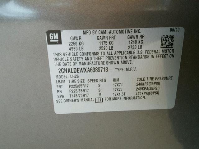 2CNALDEWXA6389718 - 2010 CHEVROLET EQUINOX LT BROWN photo 10