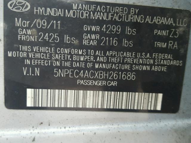 5NPEC4ACXBH261686 - 2011 HYUNDAI SONATA SE BLUE photo 10