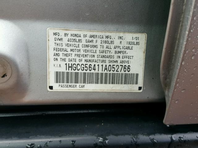 1HGCG56411A052766 - 2001 HONDA ACCORD LX SILVER photo 10