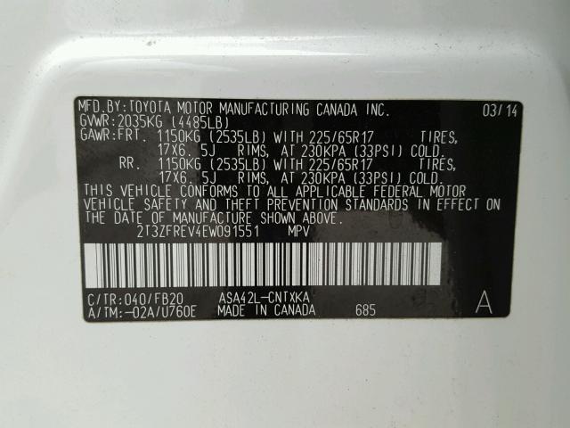 2T3ZFREV4EW091551 - 2014 TOYOTA RAV4 LE Ağ foto 10