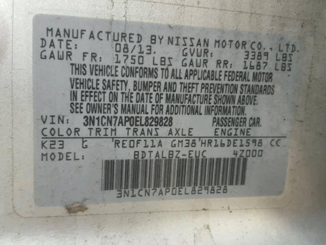 3N1CN7AP0EL829828 - 2014 NISSAN VERSA S SILVER photo 10