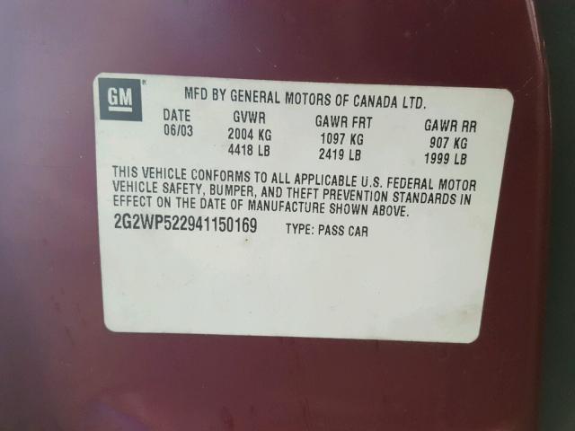 2G2WP522941150169 - 2004 PONTIAC GRAND PRIX BURGUNDY photo 10