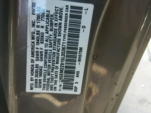 1HGEM22915L053671 - 2005 HONDA CIVIC EX GRAY photo 10