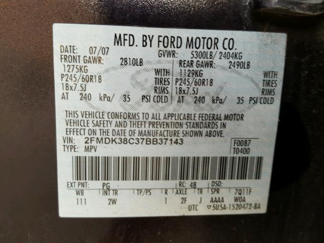 2FMDK38C37BB37143 - 2007 FORD EDGE SEL BLACK photo 10