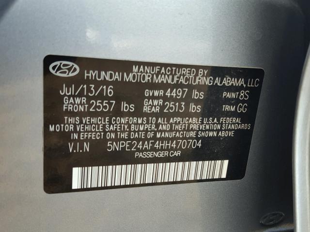 5NPE24AF4HH470704 - 2017 HYUNDAI SONATA SE GRAY photo 10