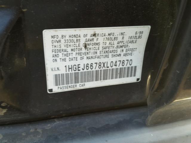 1HGEJ6678XL047670 - 1999 HONDA CIVIC LX BLACK photo 10