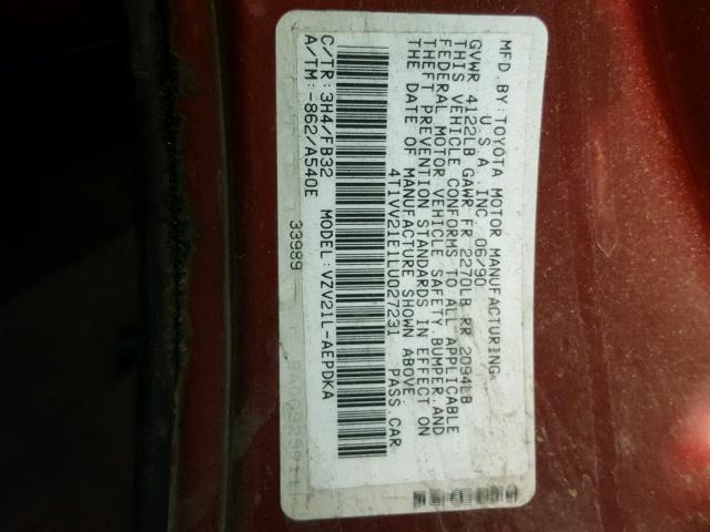 4T1VV21E1LU027231 - 1990 TOYOTA CAMRY DLX 红色 照片 10