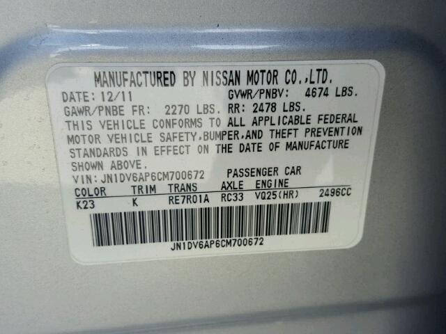 JN1DV6AP6CM700672 - 2012 INFINITI G25 BASE SILVER photo 10