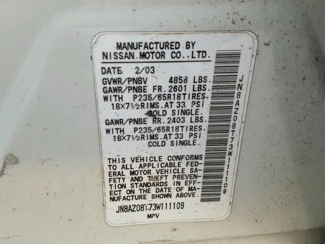 JN8AZ08T73W111109 - 2003 NISSAN MURANO SL WHITE photo 10