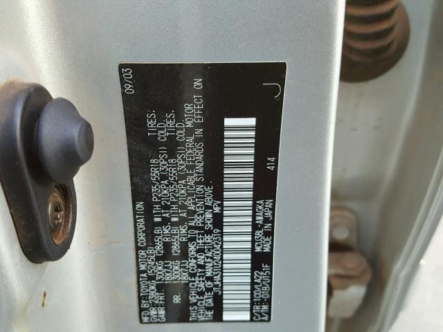 JTJHA31U240042319 - 2004 LEXUS RX 330 SILVER photo 10