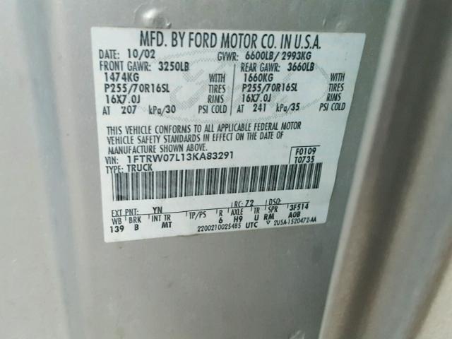 1FTRW07L13KA83291 - 2003 FORD F150 SUPER SILVER photo 10