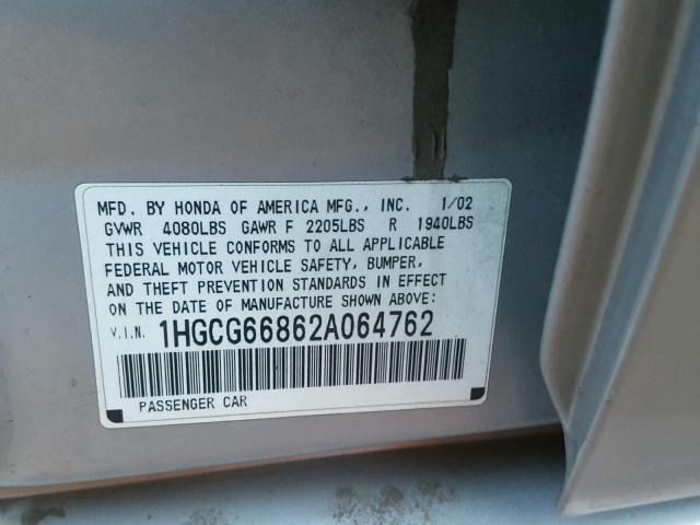 1HGCG66862A064762 - 2002 HONDA ACCORD EX GRAY photo 10