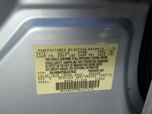 3N1AB6AP3BL637633 - 2011 NISSAN SENTRA 2.0 SILVER photo 10