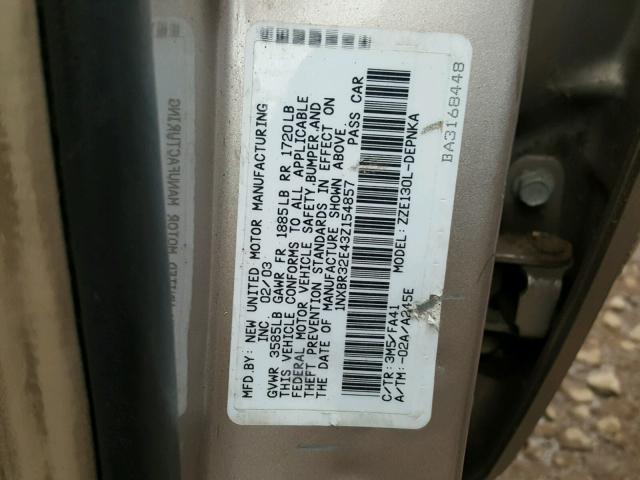 1NXBR32E43Z154857 - 2003 TOYOTA COROLLA CE SILVER photo 10