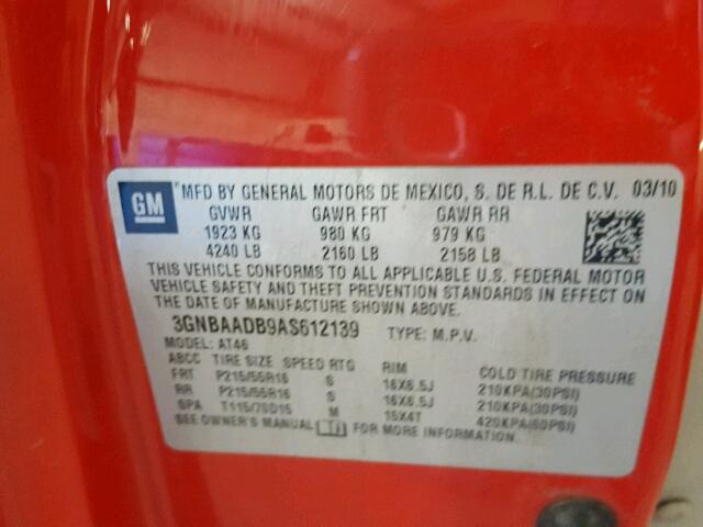 3GNBAADB9AS612139 - 2010 CHEVROLET HHR LS RED photo 10