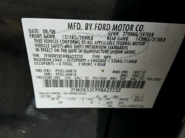 2FMDK52C99BA22232 - 2009 FORD FLEX SEL BLACK photo 10