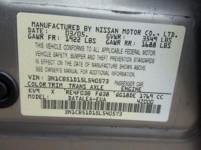 3N1CB51D15L540573 - 2005 NISSAN SENTRA 1.8 BEIGE photo 10