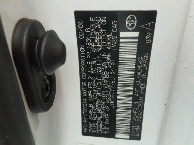 JTKDE177760126191 - 2006 TOYOTA SCION TC თეთრი ფოტო 10