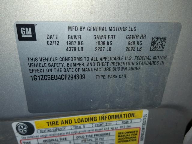 1G1ZC5EU4CF294309 - 2012 CHEVROLET MALIBU 1LT BEIGE photo 10