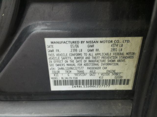 1N4BL11D96C227577 - 2006 NISSAN ALTIMA SE GRAY photo 10