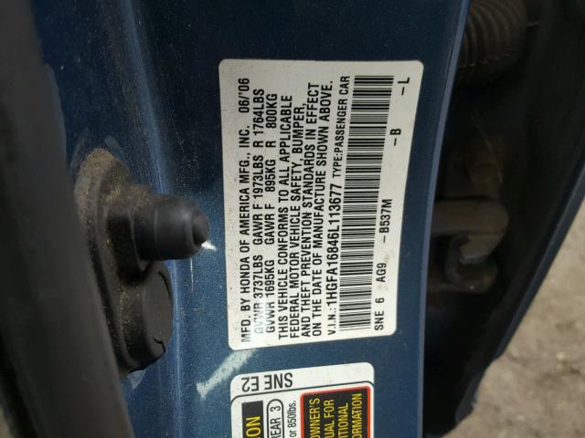 1HGFA16846L113677 - 2006 HONDA CIVIC EX BLUE photo 10