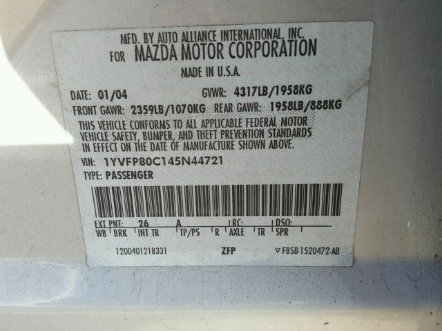 1YVFP80C145N44721 - 2004 MAZDA 6 I SILVER photo 10