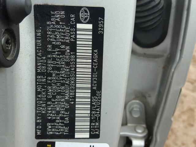 4T1BE32K65U405981 - 2005 TOYOTA CAMRY LE ვერცხლისფერი ფოტო 10