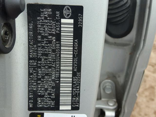 4T1BE32K65U405981 - 2005 TOYOTA CAMRY LE SILVER photo 10