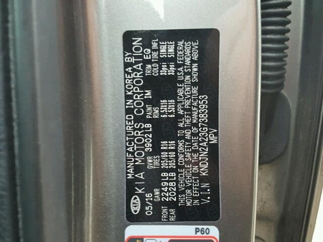 KNDJN2A23G7383953 - 2016 KIA SOUL GRAY photo 10