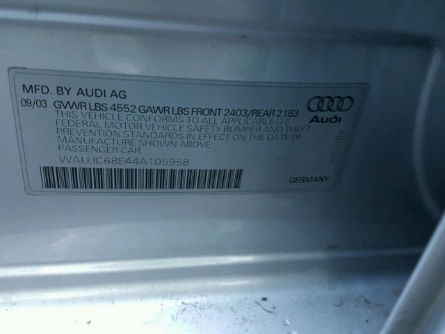 WAUJC68E44A105958 - 2004 AUDI A4 1.8T SILVER photo 10