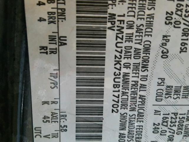 1FMZU72K73UB17702 - 2003 FORD EXPLORER X BLACK photo 10