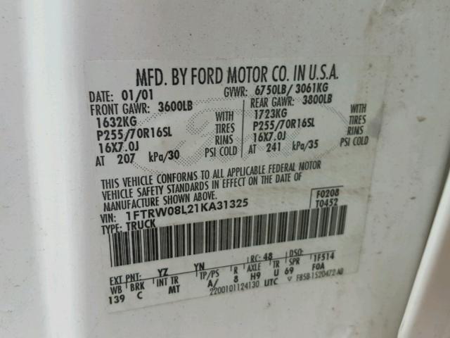 1FTRW08L21KA31325 - 2001 FORD F150 SUPER WHITE photo 10