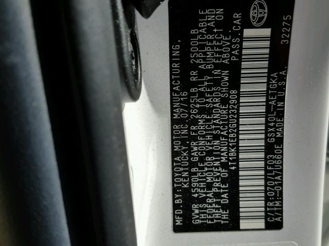 4T1BK1EB2GU232908 - 2016 TOYOTA AVALON XLE WHITE photo 10