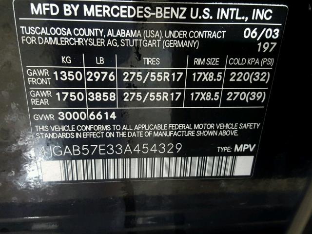 4JGAB57E33A454329 - 2003 MERCEDES-BENZ ML 350 BLACK photo 10