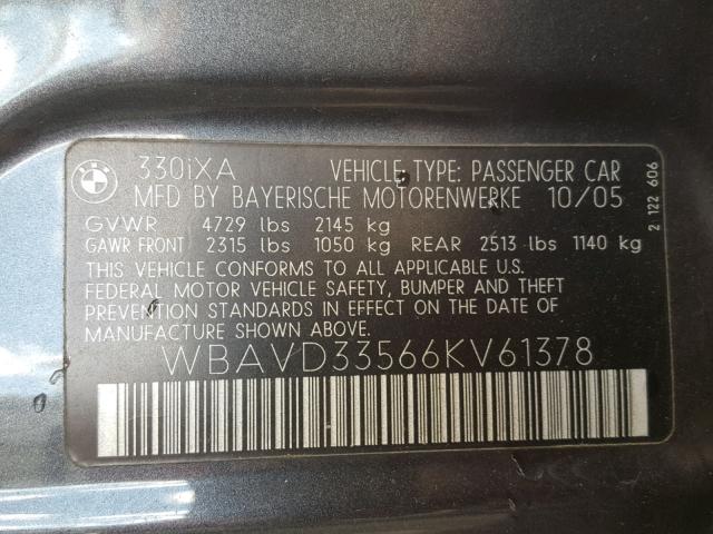 WBAVD33566KV61378 - 2006 BMW 330 XI GRAY photo 10