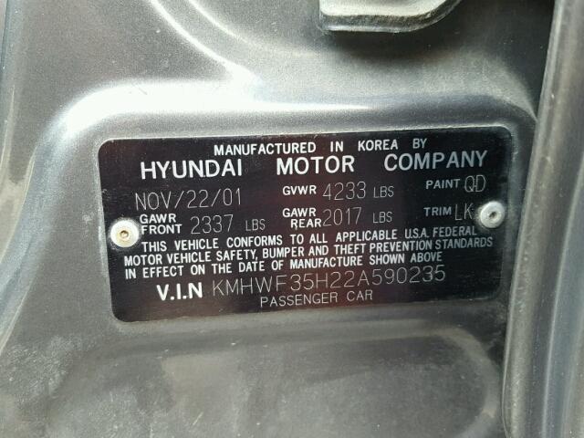 KMHWF35H22A590235 - 2002 HYUNDAI SONATA GLS GRAY photo 10