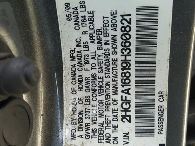 2HGFA16819H360821 - 2009 HONDA CIVIC EX 灰色 照片 10