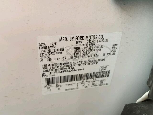 1FMHK8F8XCGA94601 - 2012 FORD EXPLORER L WHITE photo 10